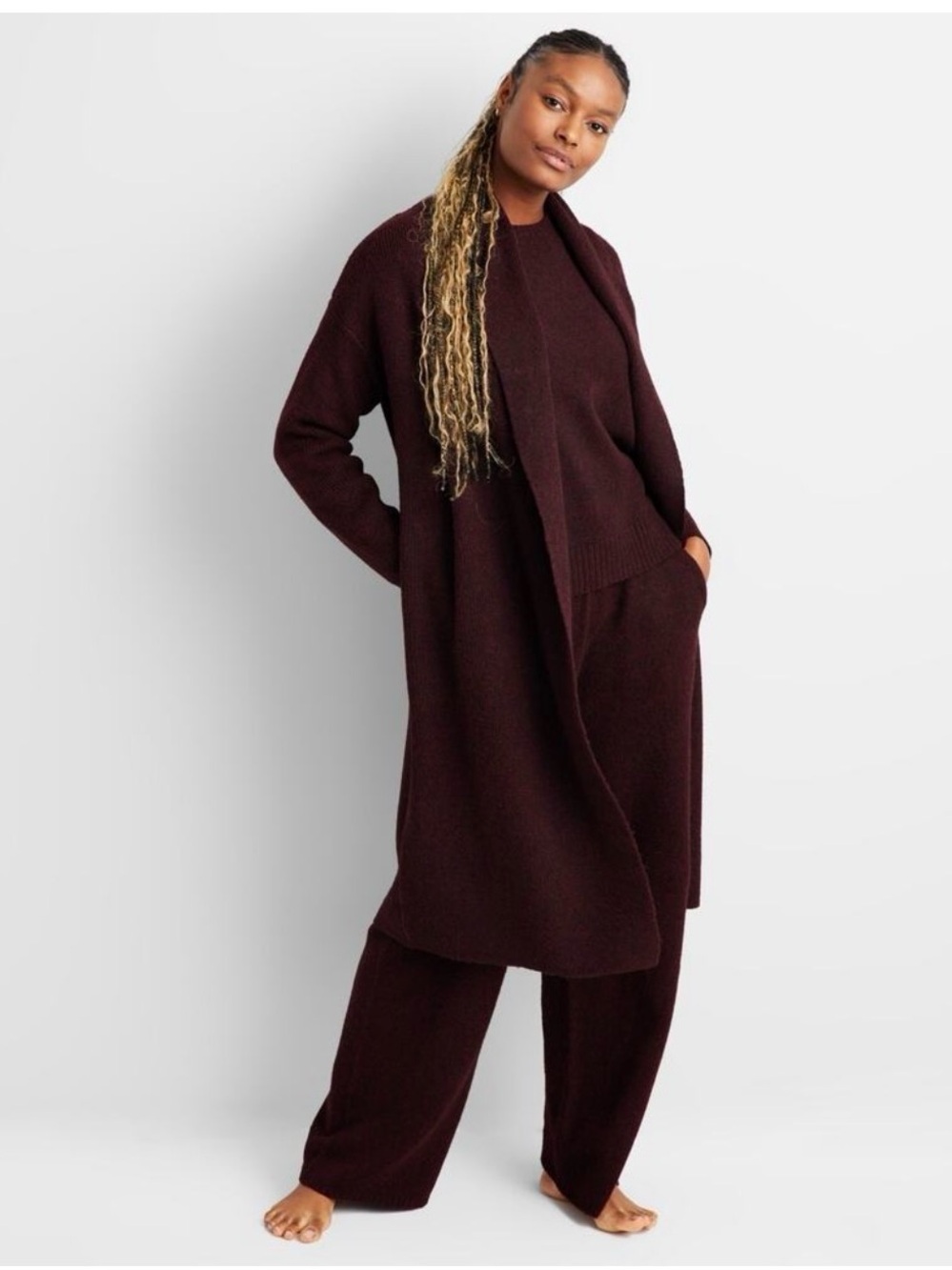 STATE OF DAY Relaxed Knit Wide-Leg Pants & Long Cardigan Set - Deep Burgundy